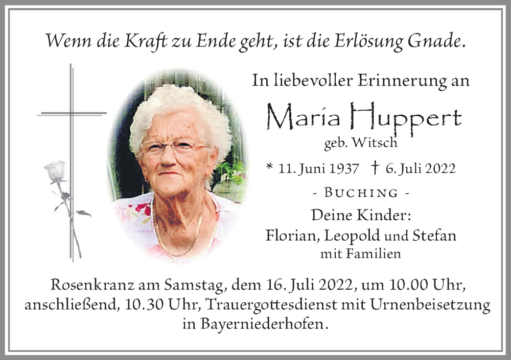 Traueranzeige von Maria Huppert von Allgäuer Zeitung, Füssen