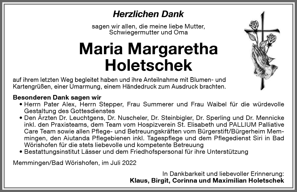 Traueranzeige von Maria Margaretha Holetschek von Memminger Zeitung