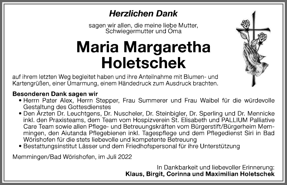 Traueranzeige von Maria Margaretha Holetschek von Allgäuer Zeitung