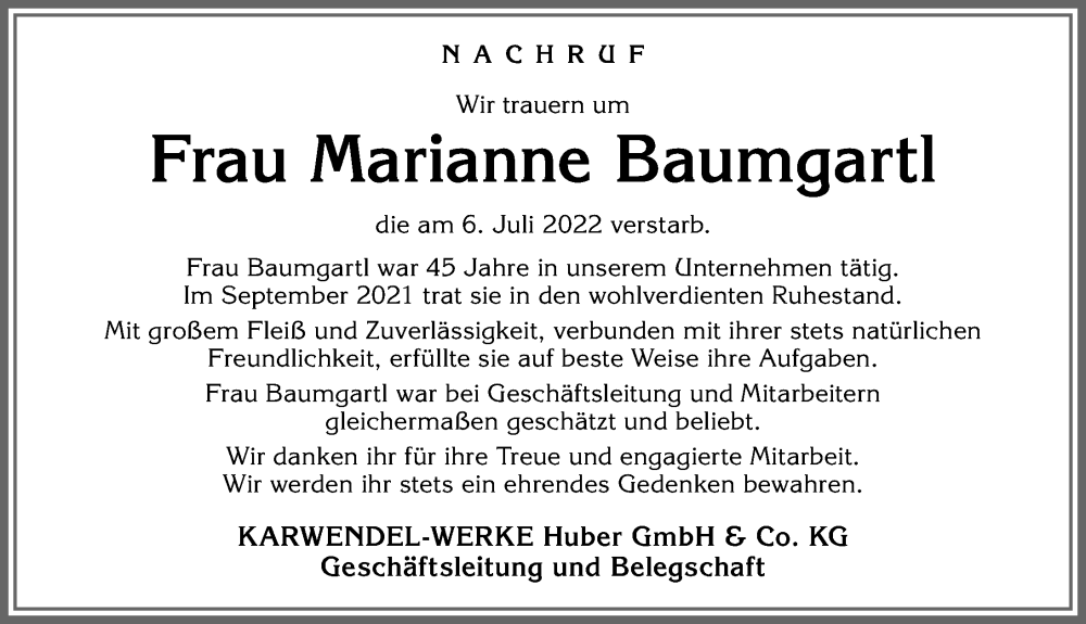 Traueranzeige von Marianne Baumgartl von Allgäuer Zeitung, Kaufbeuren/Buchloe