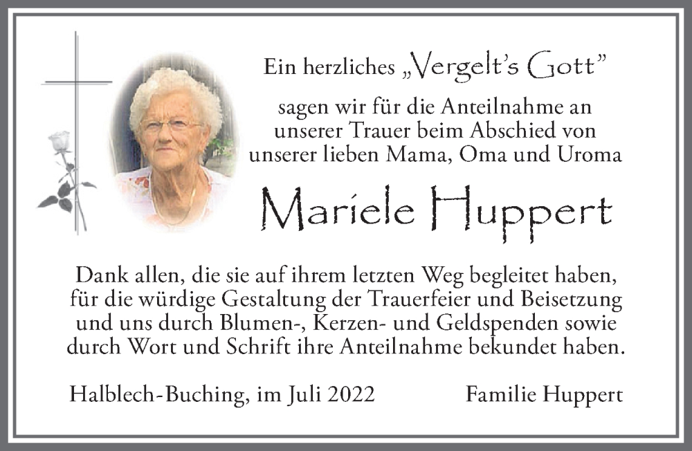 Traueranzeige von Mariele Huppert von Allgäuer Zeitung, Füssen