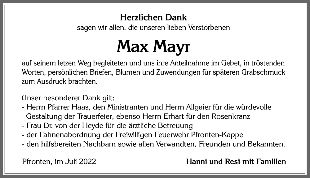 Traueranzeige von Max Mayr von Allgäuer Zeitung, Füssen