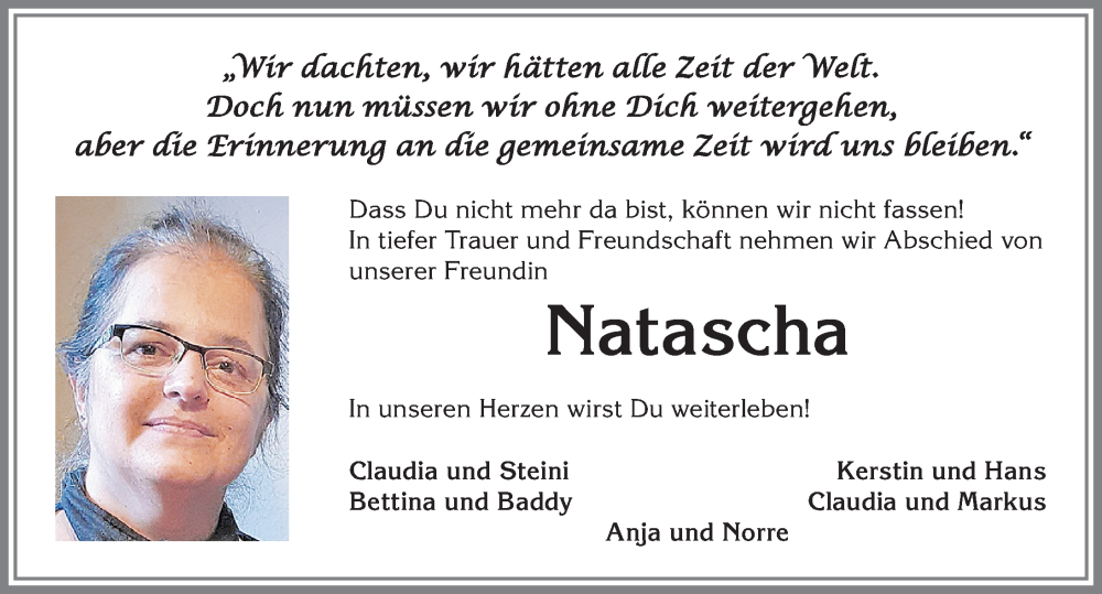 Traueranzeige von Natascha  von Allgäuer Zeitung, Kaufbeuren/Buchloe