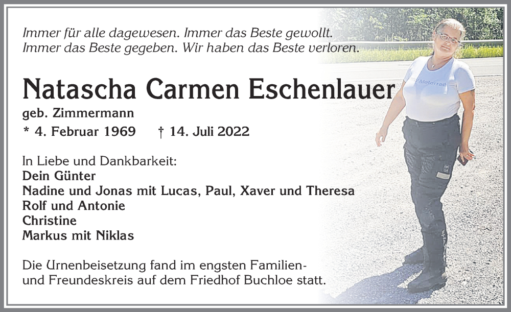 Traueranzeige von Natascha Carmen Eschenlauer von Allgäuer Zeitung, Kaufbeuren/Buchloe