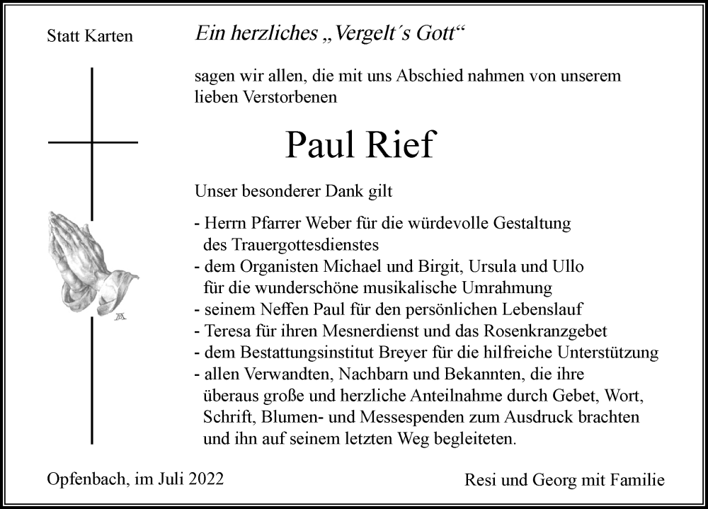 Traueranzeige von Paul Rief von Der Westallgäuer