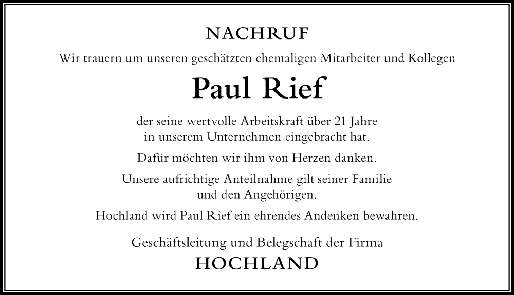 Traueranzeige von Paul Rief von Der Westallgäuer