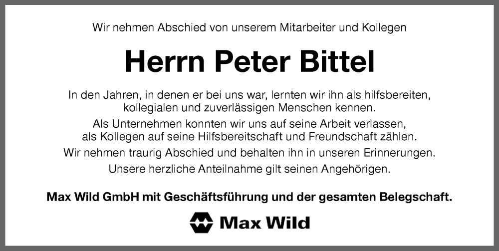 Traueranzeige von Peter Bittel von Memminger Zeitung