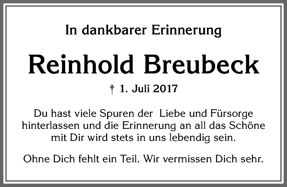 Traueranzeige von Reinhold Breubeck von Allgäuer Zeitung, Kaufbeuren/Buchloe