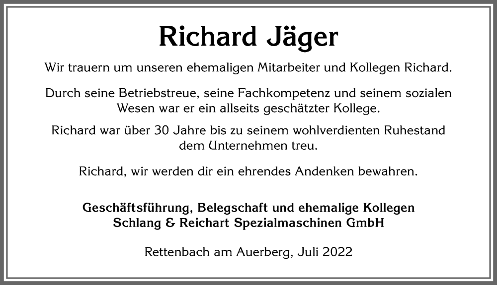 Traueranzeige von Richard Jäger von Allgäuer Zeitung, Marktoberdorf