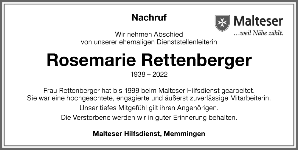 Traueranzeige von Rosemarie Rettenberger von Memminger Zeitung