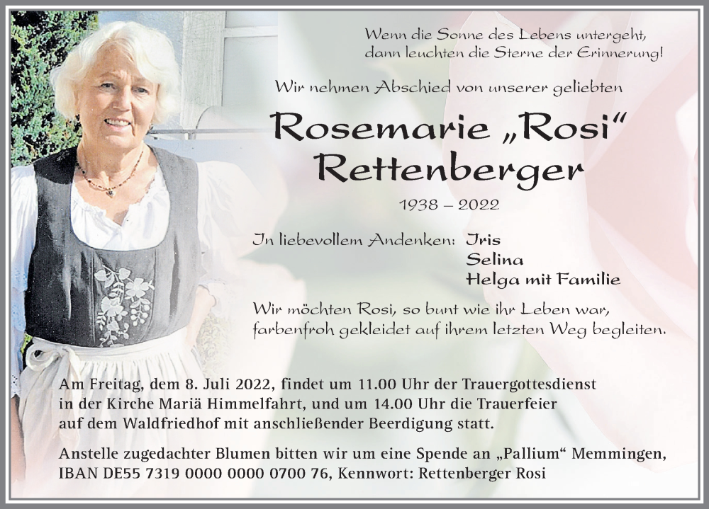 Traueranzeige von Rosemarie Rettenberger von Memminger Zeitung