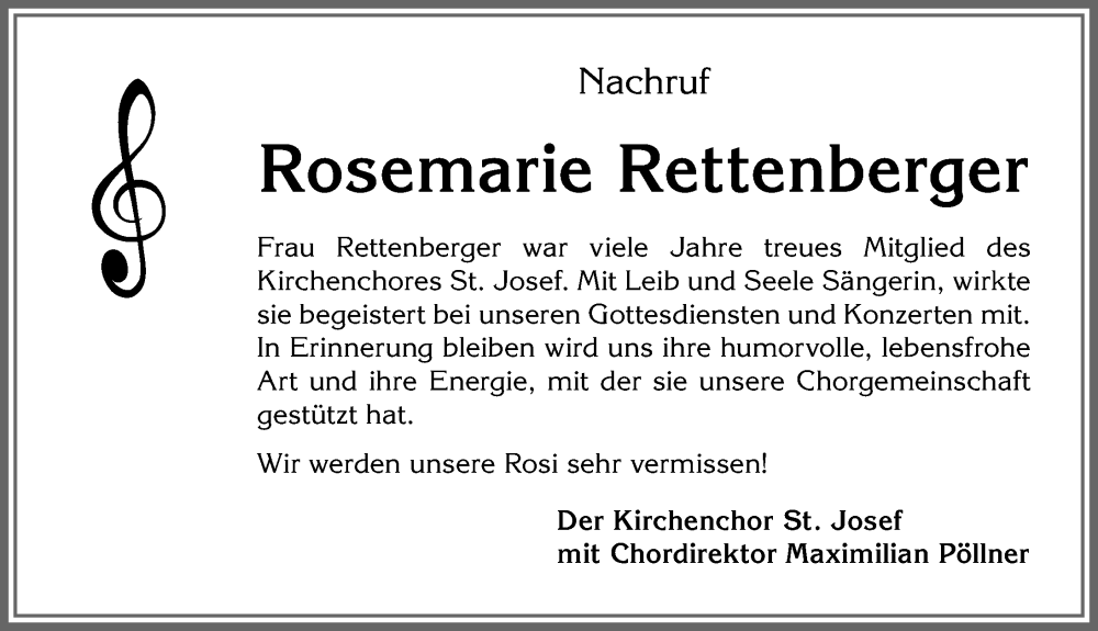 Traueranzeige von Rosemarie Rettenberger von Memminger Zeitung