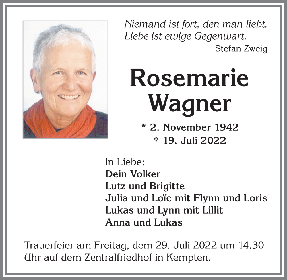 Traueranzeige von Rosemarie Wagner von Allgäuer Zeitung,Kempten