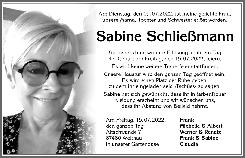 Traueranzeige von Sabine Schließmann von Allgäuer Zeitung,Kempten