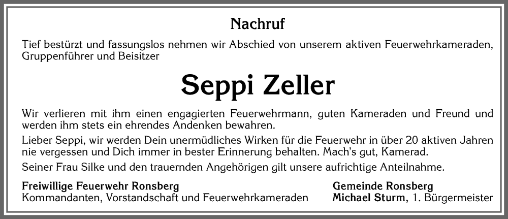 Traueranzeige von Seppi Zeller von Allgäuer Zeitung, Marktoberdorf