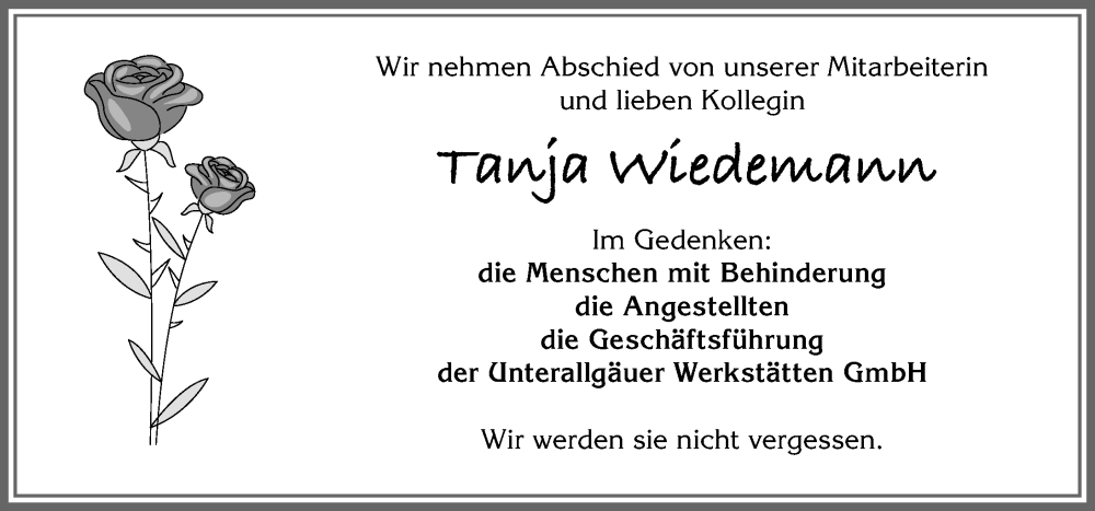 Traueranzeige von Tanja Wiedemann von Memminger Zeitung