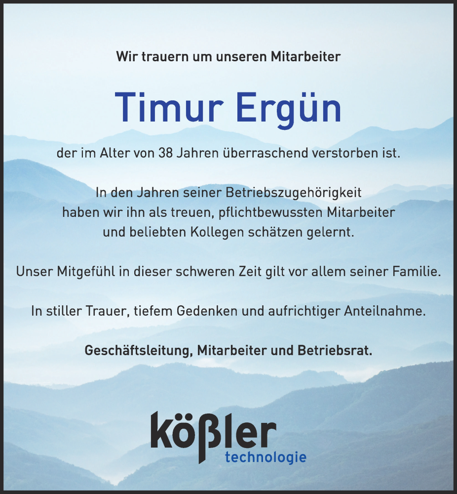 Traueranzeige von Timur Ergün von Augsburger Allgemeine, Illertisser Zeitung