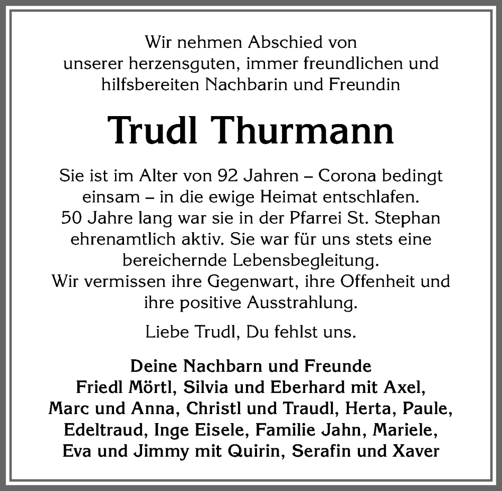 Traueranzeige von Trudl Thurmann von Allgäuer Anzeigeblatt