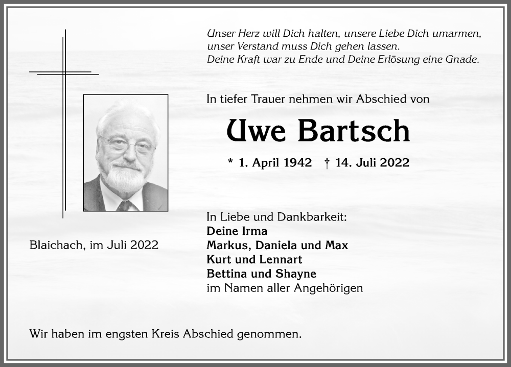 Traueranzeige von Uwe Bartsch von Allgäuer Anzeigeblatt