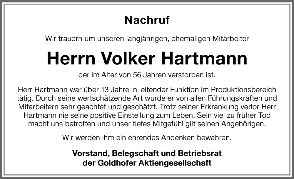 Traueranzeige von Volker Hartmann von Allgäuer Zeitung