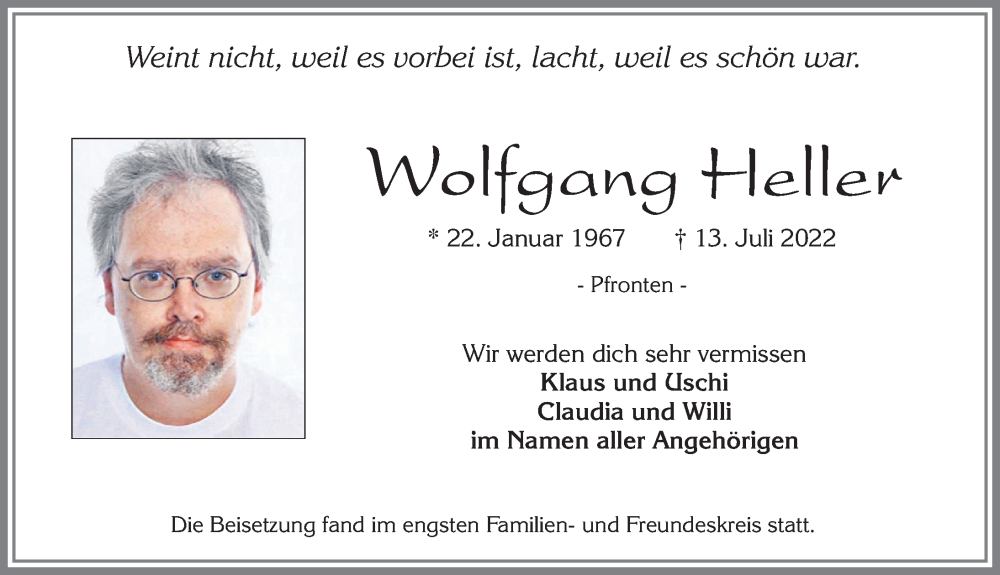 Traueranzeige von Wolfgang Heller von Allgäuer Zeitung, Füssen