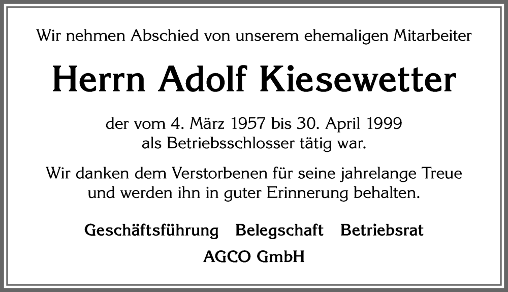 Traueranzeige von Adolf Kiesewetter von Allgäuer Zeitung, Marktoberdorf