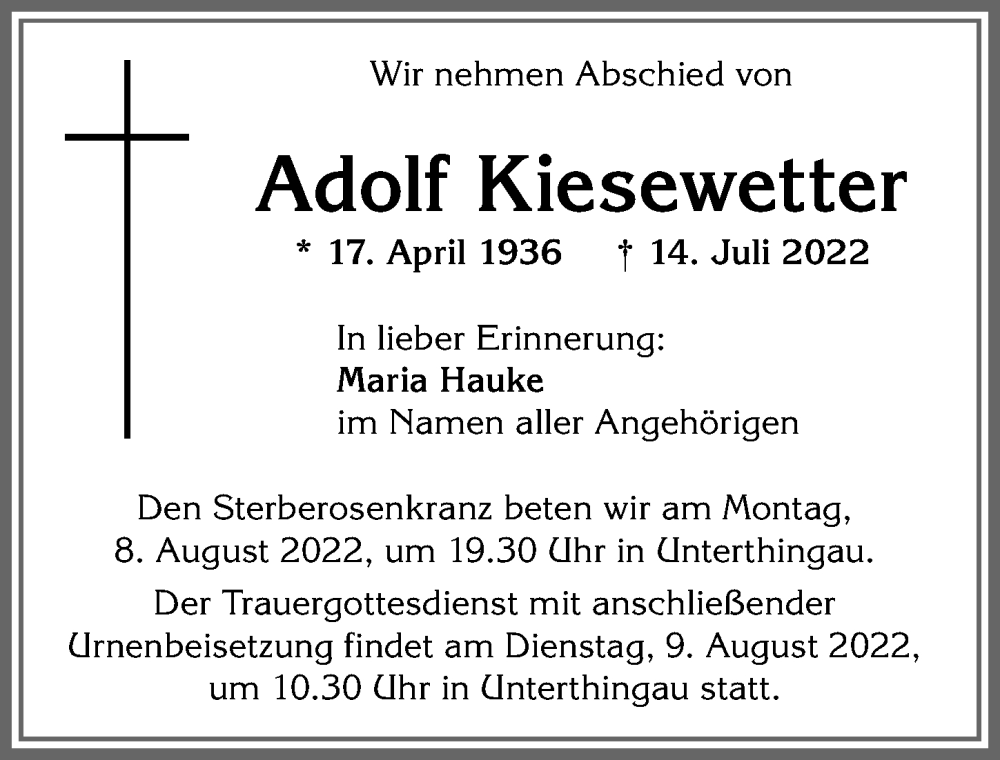 Traueranzeige von Adolf Kiesewetter von Allgäuer Zeitung, Marktoberdorf