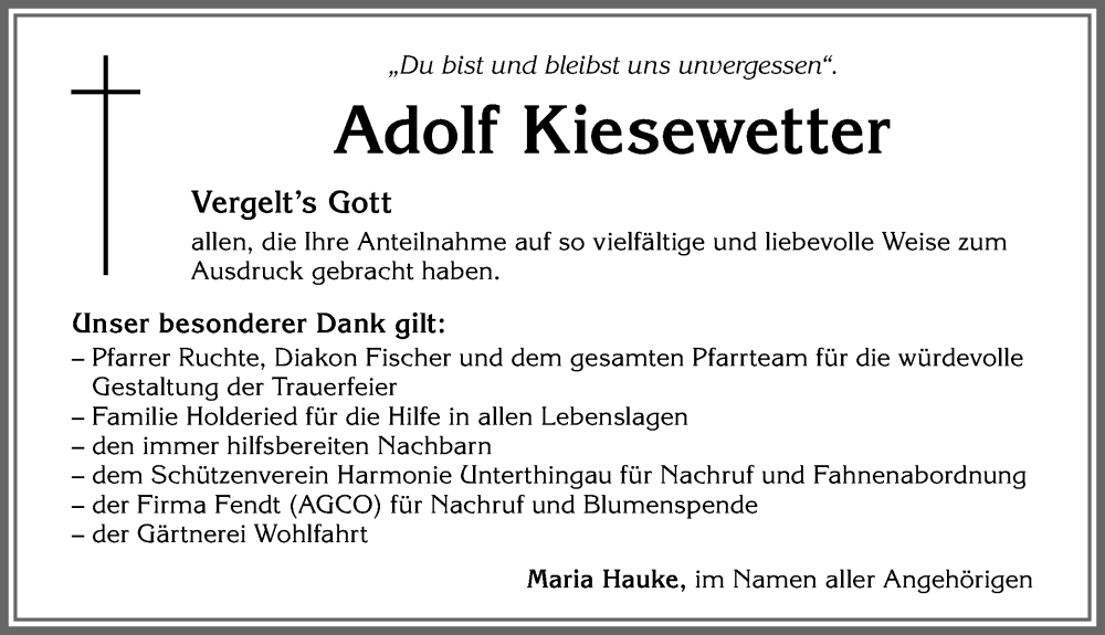 Traueranzeige von Adolf Kiesewetter von Allgäuer Zeitung, Marktoberdorf