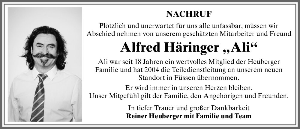 Traueranzeige von Alfred Häringer von Allgäuer Zeitung, Füssen