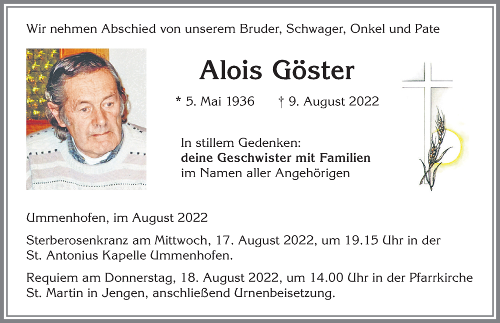 Traueranzeige von Alois Göster von Allgäuer Zeitung, Kaufbeuren/Buchloe