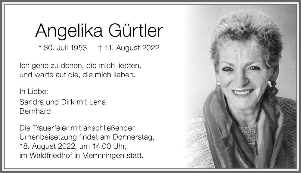 Traueranzeige von Angelika Gürtler von Memminger Zeitung