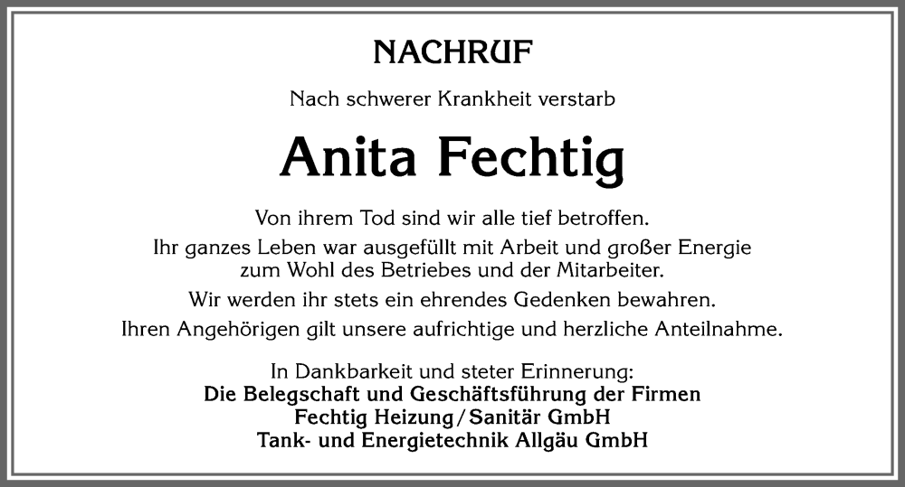 Traueranzeige von Anita Fechtig von Allgäuer Anzeigeblatt