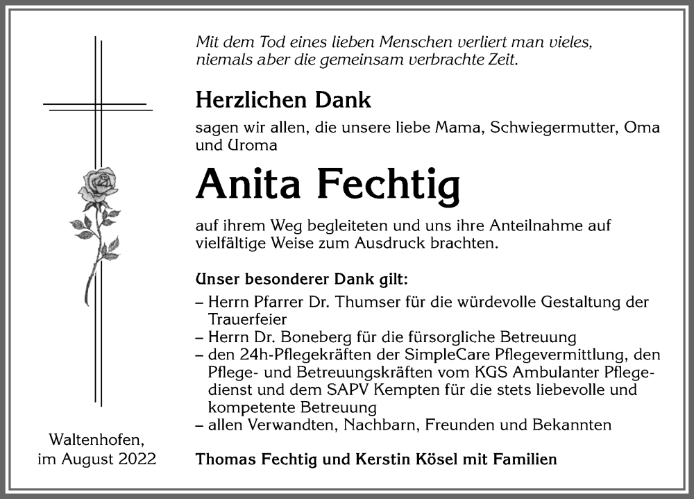 Traueranzeige von Anita Fechtig von Allgäuer Anzeigeblatt