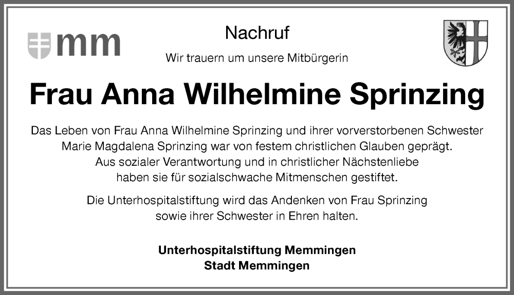 Traueranzeige von Anna Wilhelmine Sprinzing von Memminger Zeitung