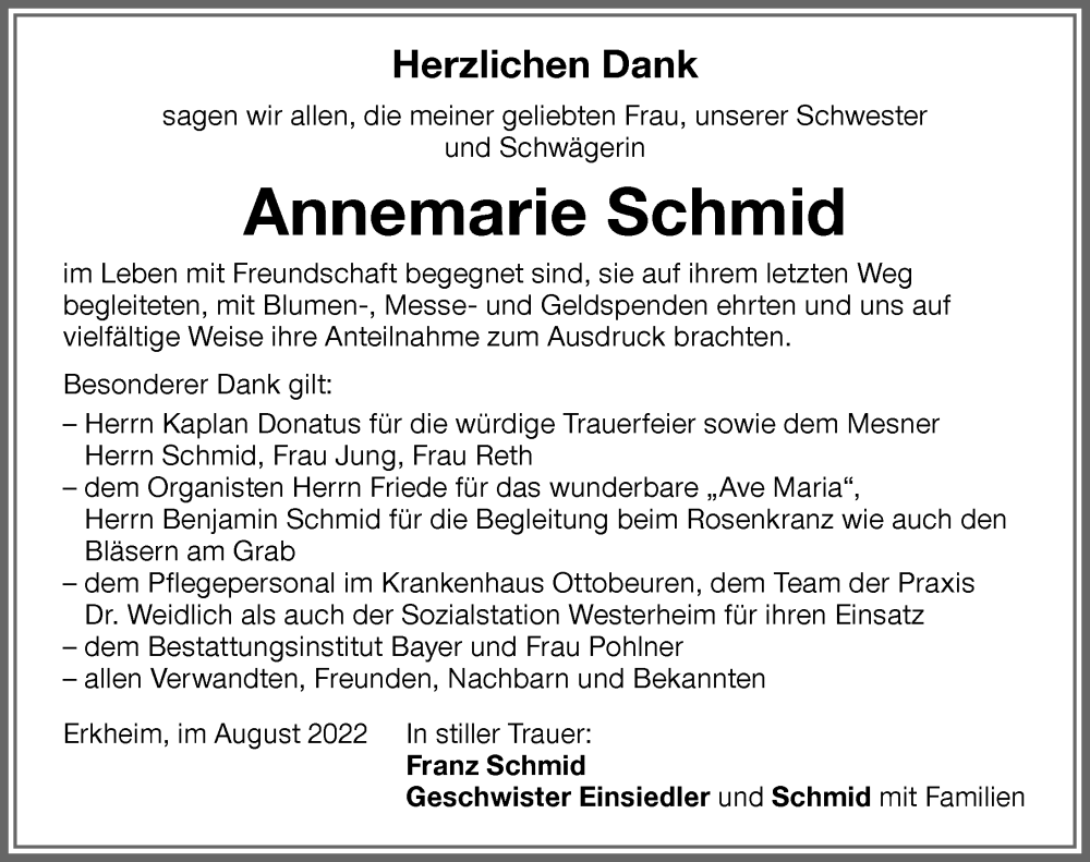 Traueranzeige von Annemarie Schmid von Allgäuer Zeitung,Kempten