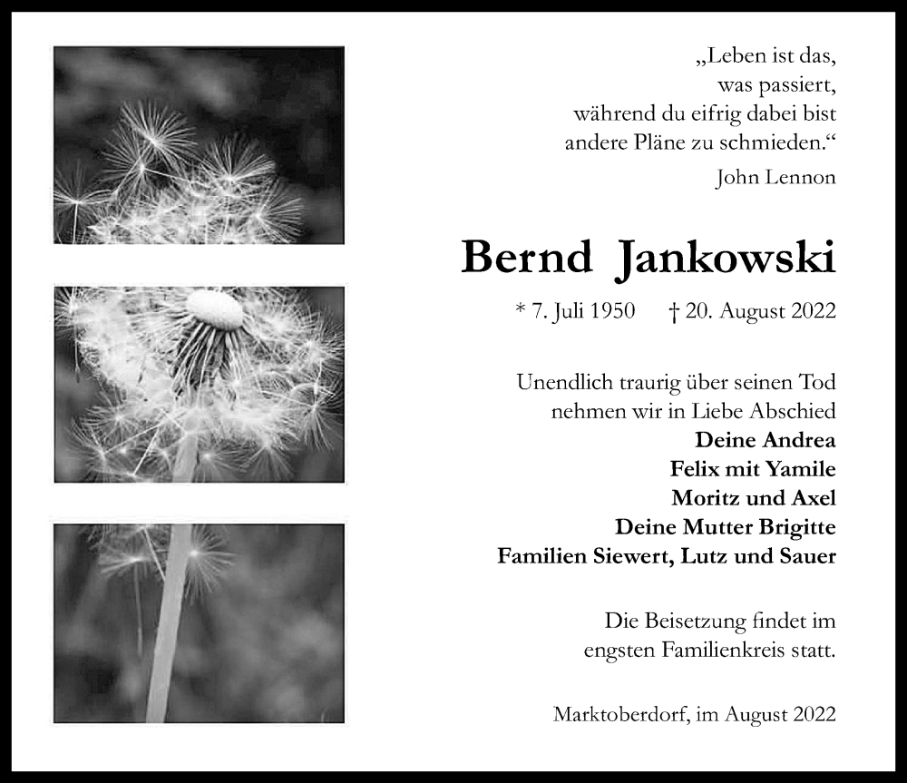  Traueranzeige für Bernd Jankowski vom 27.08.2022 aus Allgäuer Zeitung, Kaufbeuren/Buchloe