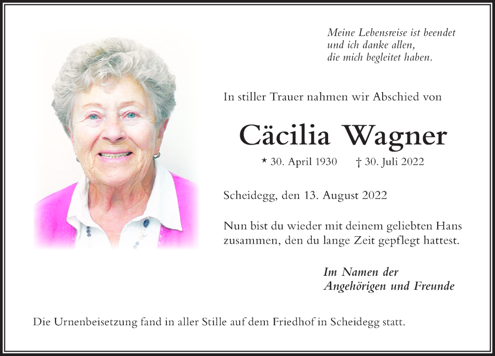 Traueranzeige von Cäcilia Wagner von Der Westallgäuer