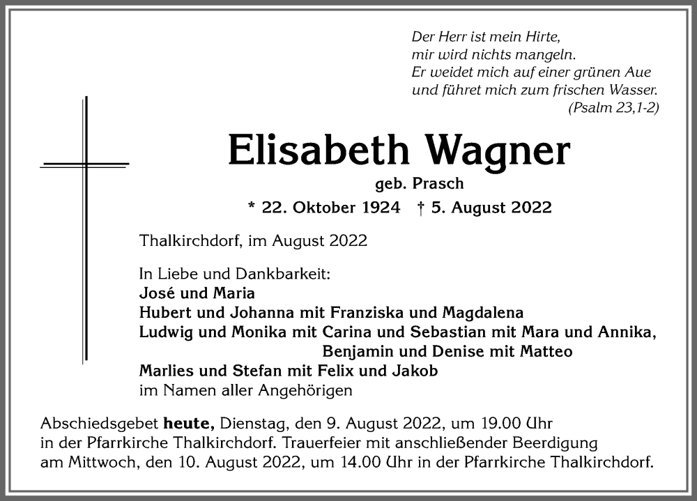 Traueranzeige von Elisabeth Wagner von Allgäuer Anzeigeblatt