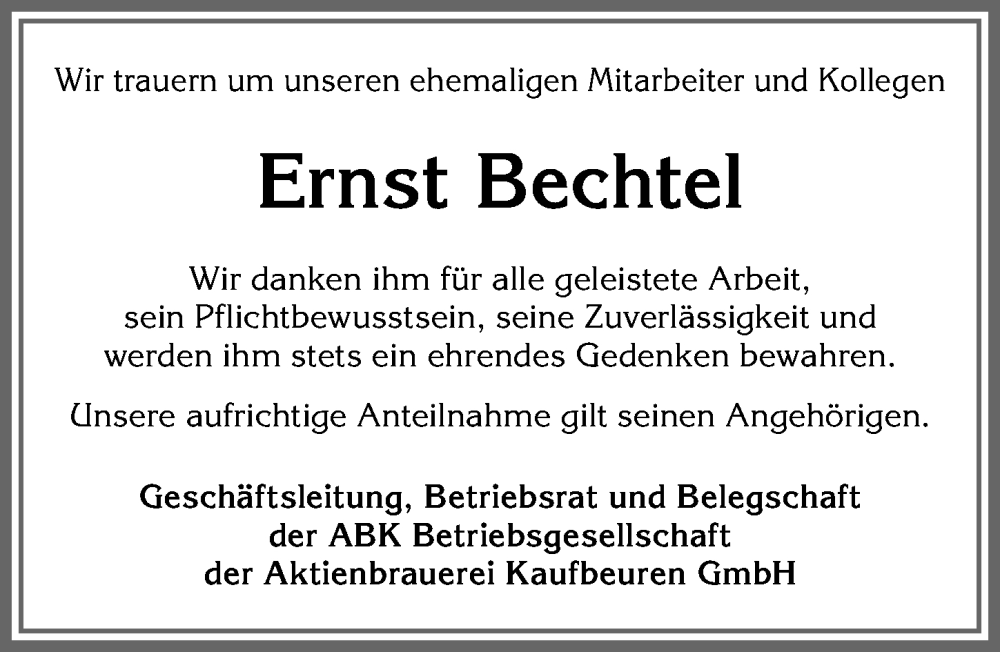 Traueranzeige von Ernst Bechtel von Allgäuer Zeitung, Kaufbeuren/Buchloe