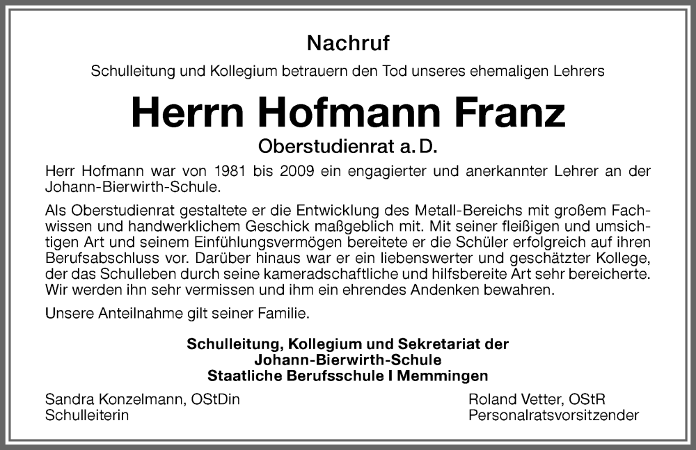 Traueranzeige von Franz Hofmann von Memminger Zeitung