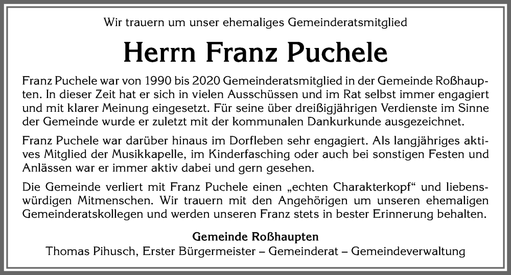 Traueranzeige von Franz Puchele von Allgäuer Zeitung, Füssen