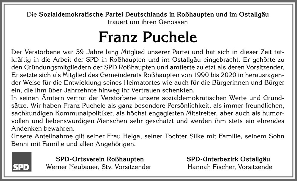 Traueranzeige von Franz Puchele von Allgäuer Zeitung, Füssen