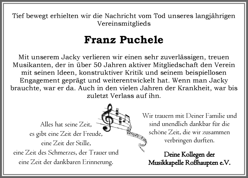 Traueranzeige von Franz Puchele von Allgäuer Zeitung, Füssen