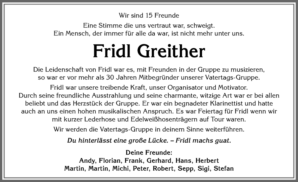 Traueranzeige von Fridl Greither von Allgäuer Anzeigeblatt