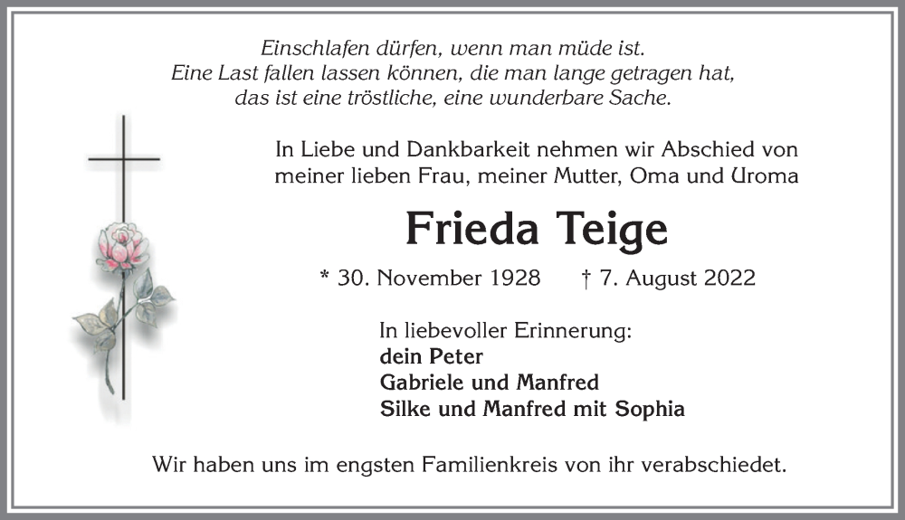 Traueranzeige von Frieda Teige von Allgäuer Zeitung, Kaufbeuren/Buchloe