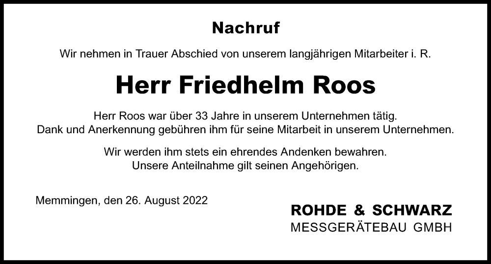 Traueranzeige von Friedhelm Roos von Memminger Zeitung