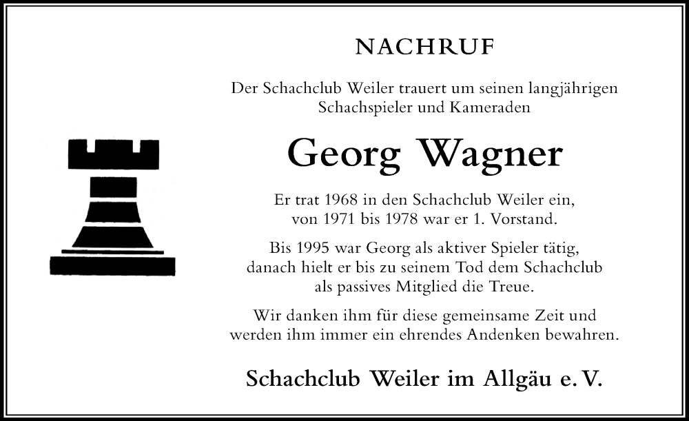 Traueranzeige von Georg Wagner von Der Westallgäuer