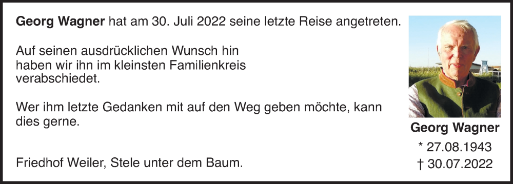 Traueranzeige von Georg Wagner von Der Westallgäuer