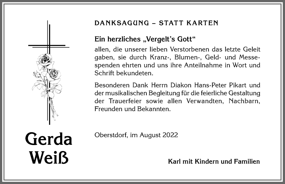 Traueranzeige von Gerda Weiß von Allgäuer Anzeigeblatt