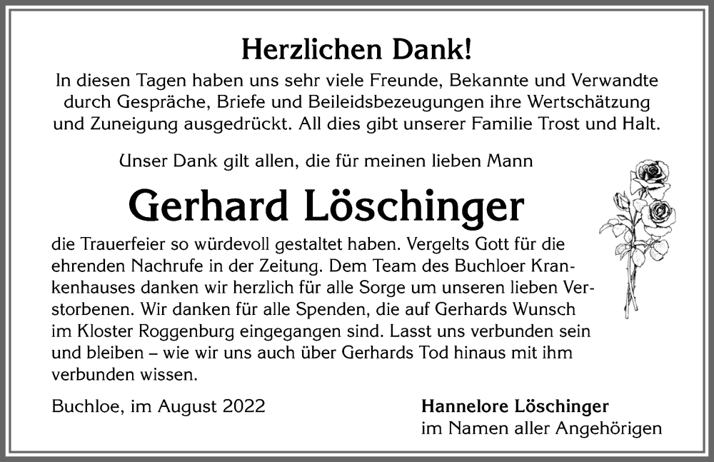 Traueranzeige von Gerhard Löschinger von Allgäuer Zeitung, Kaufbeuren/Buchloe